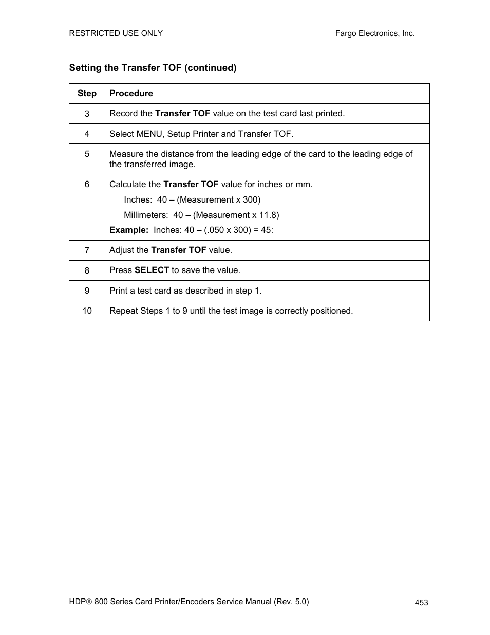 Setting the transfer tof (continued) | FARGO electronic HDP820 User Manual | Page 288 / 370