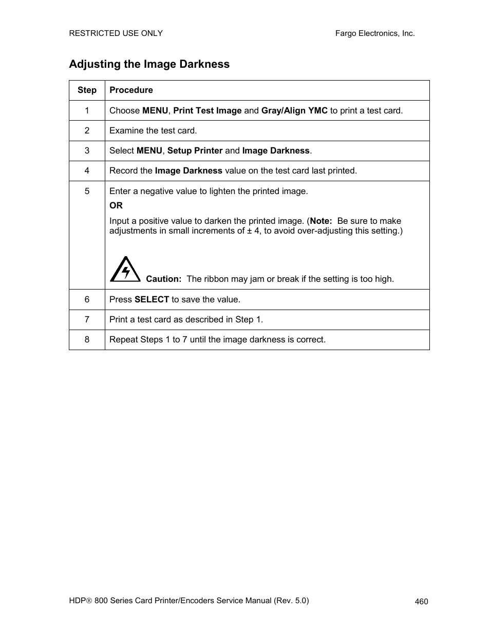 Adjusting the image darkness | FARGO electronic HDP820 User Manual | Page 295 / 370