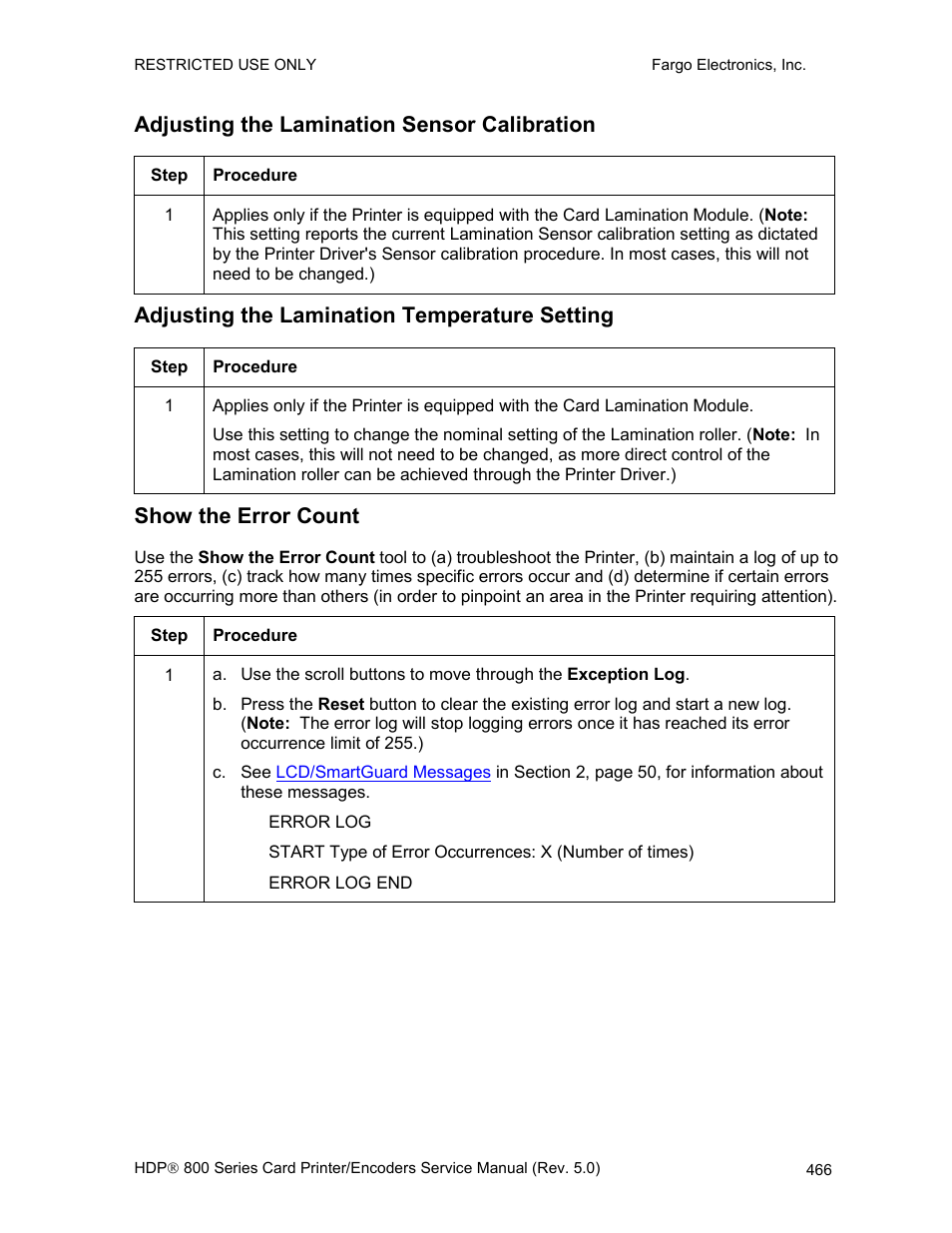 Adjusting the lamination sensor calibration, Adjusting the lamination temperature setting, Show the error count | FARGO electronic HDP820 User Manual | Page 301 / 370