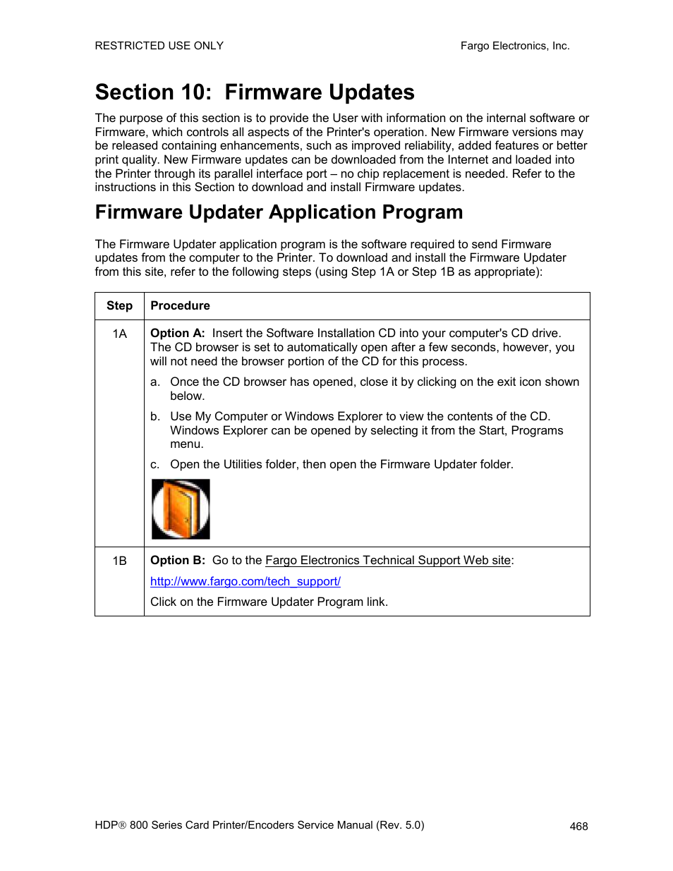 Section 10: firmware updates, Firmware updater application program | FARGO electronic HDP820 User Manual | Page 303 / 370