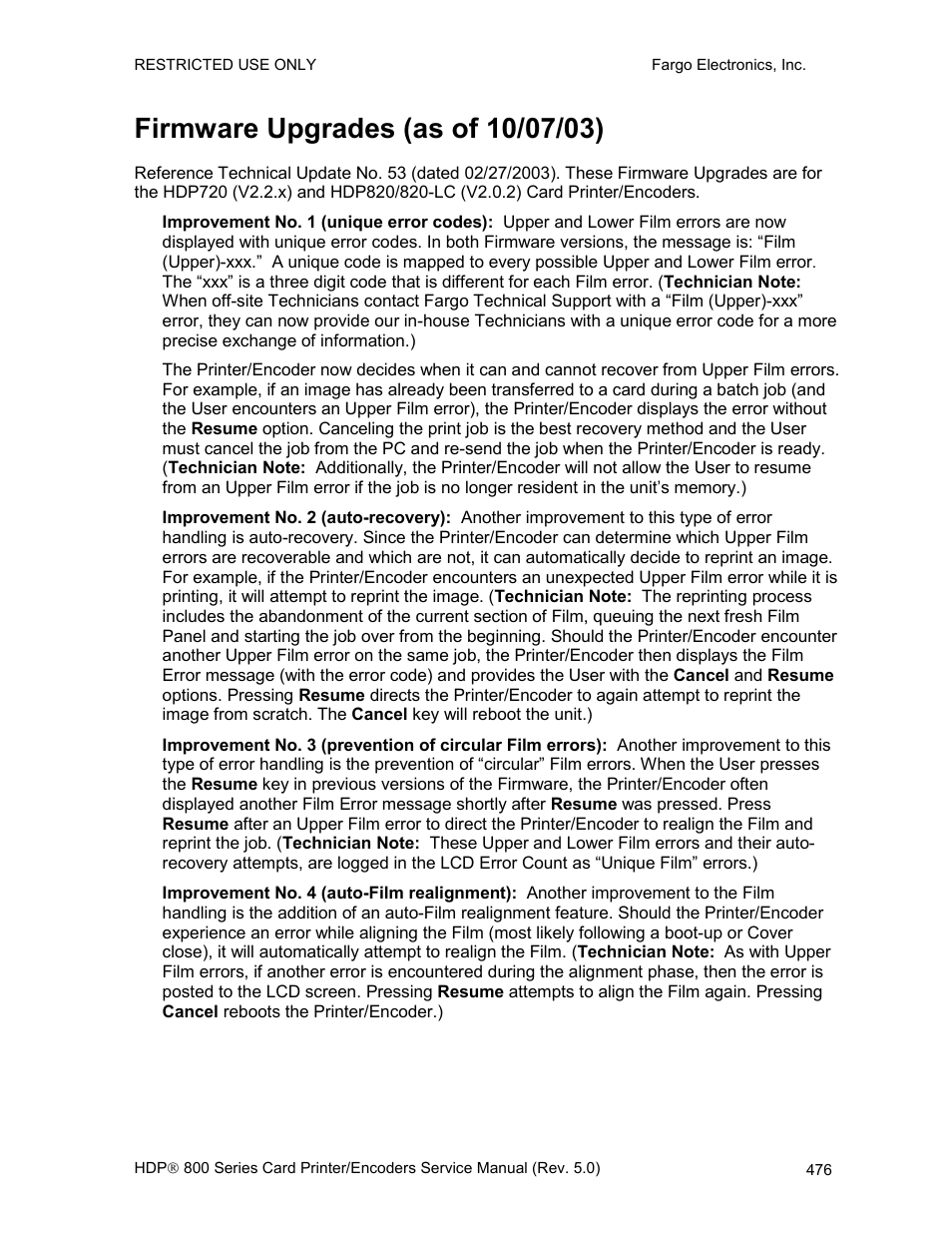 Firmware upgrades (as of 10/07/03) | FARGO electronic HDP820 User Manual | Page 311 / 370