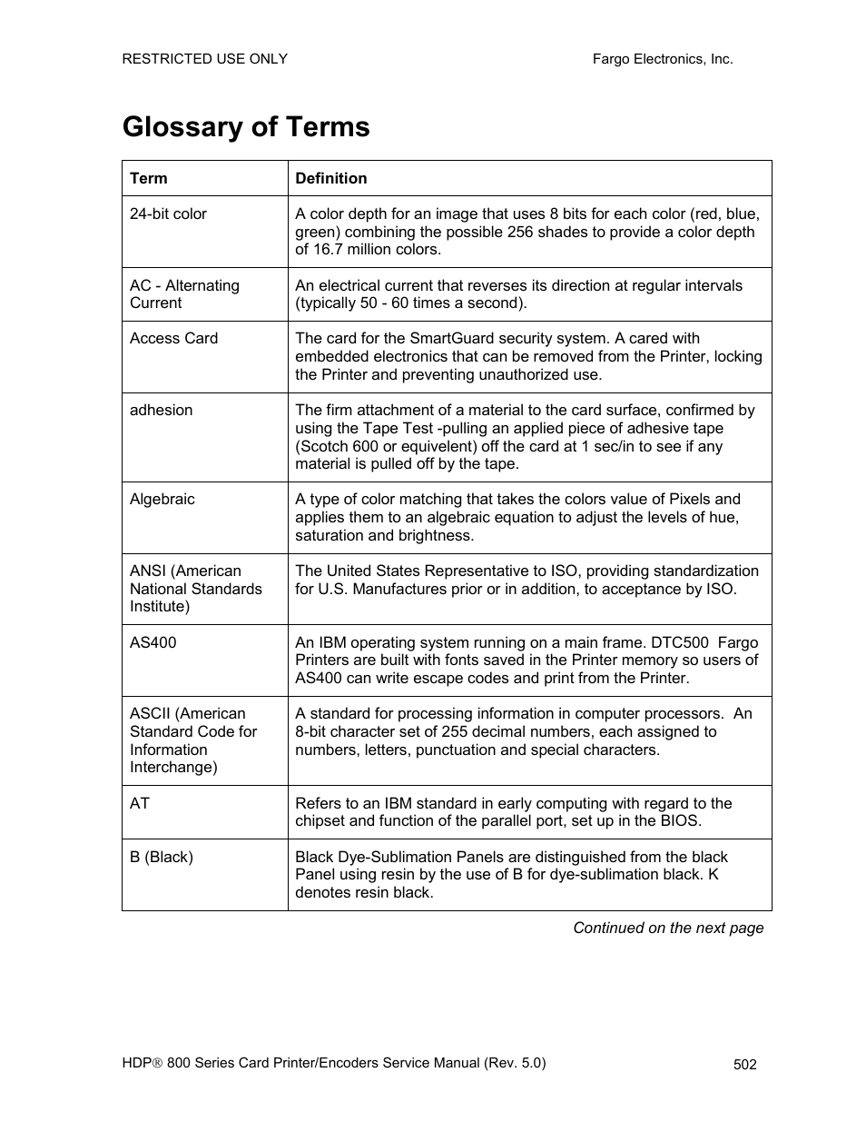 Glossary of terms | FARGO electronic HDP820 User Manual | Page 337 / 370