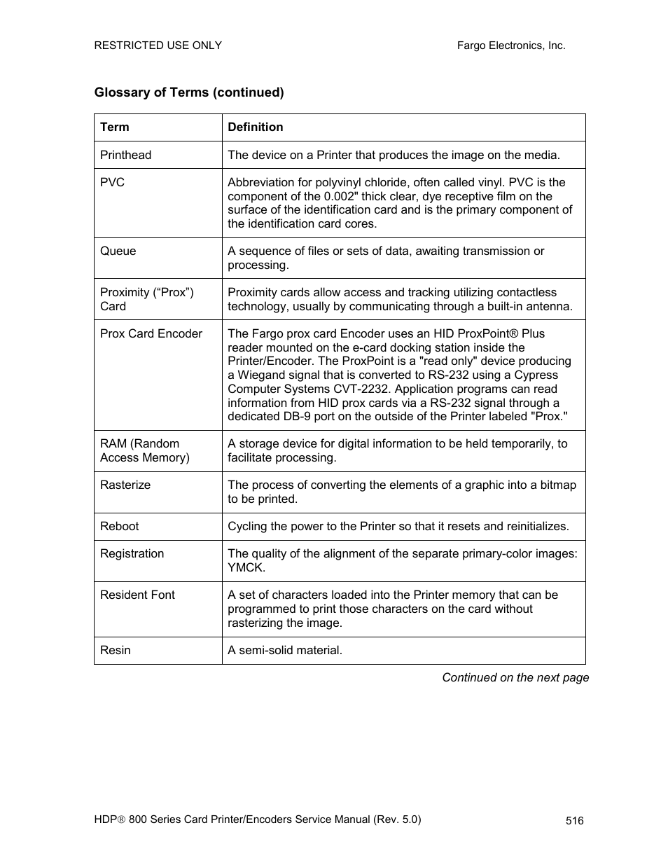 Glossary of terms (continued) | FARGO electronic HDP820 User Manual | Page 351 / 370