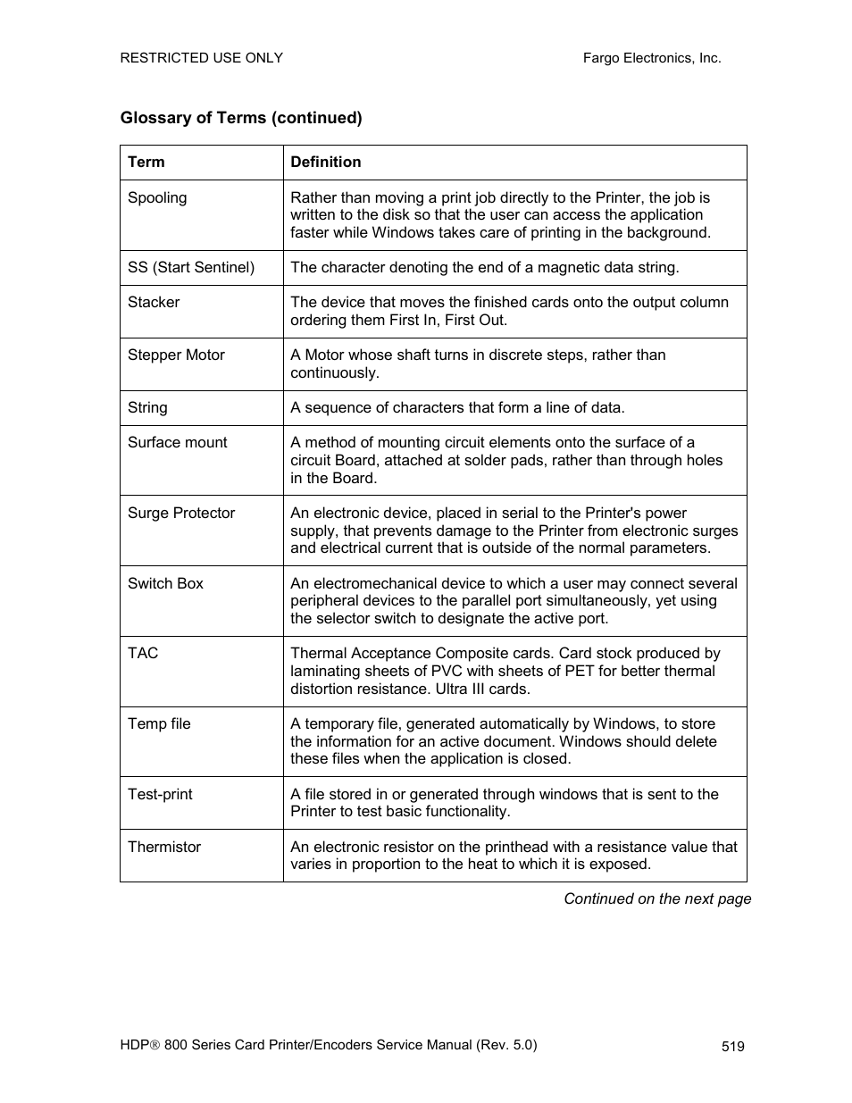Glossary of terms (continued) | FARGO electronic HDP820 User Manual | Page 354 / 370