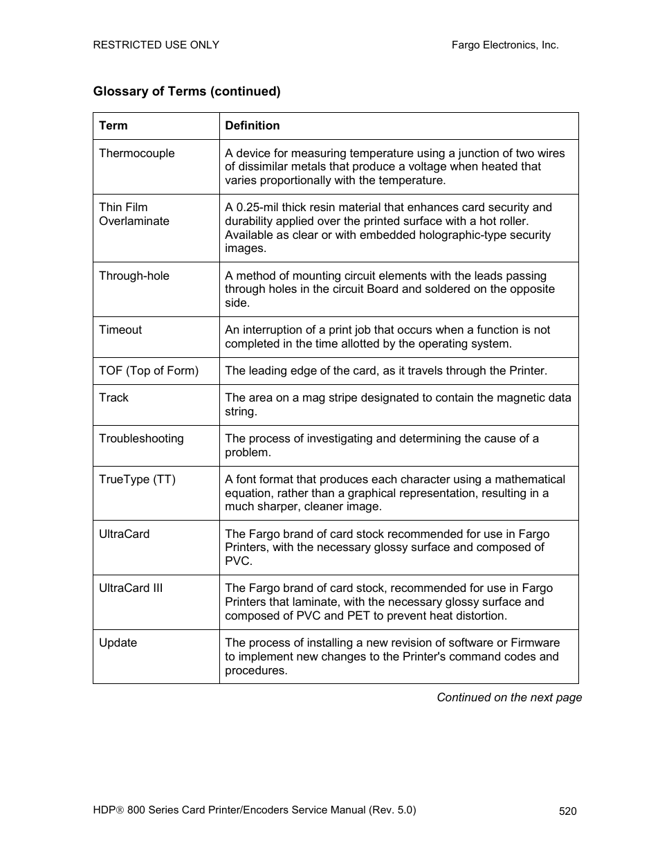 Glossary of terms (continued) | FARGO electronic HDP820 User Manual | Page 355 / 370
