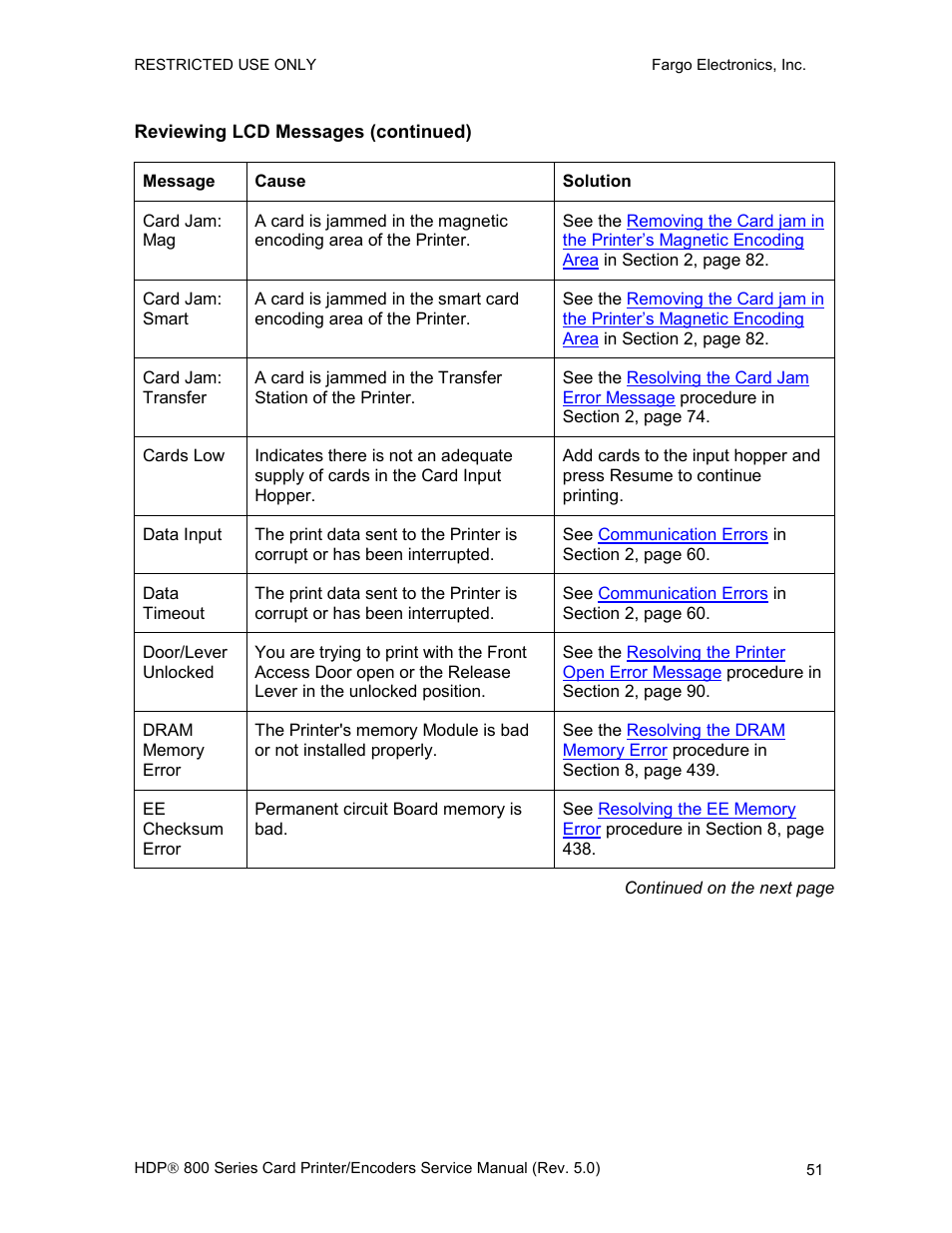 Reviewing lcd messages (continued) | FARGO electronic HDP820 User Manual | Page 65 / 370