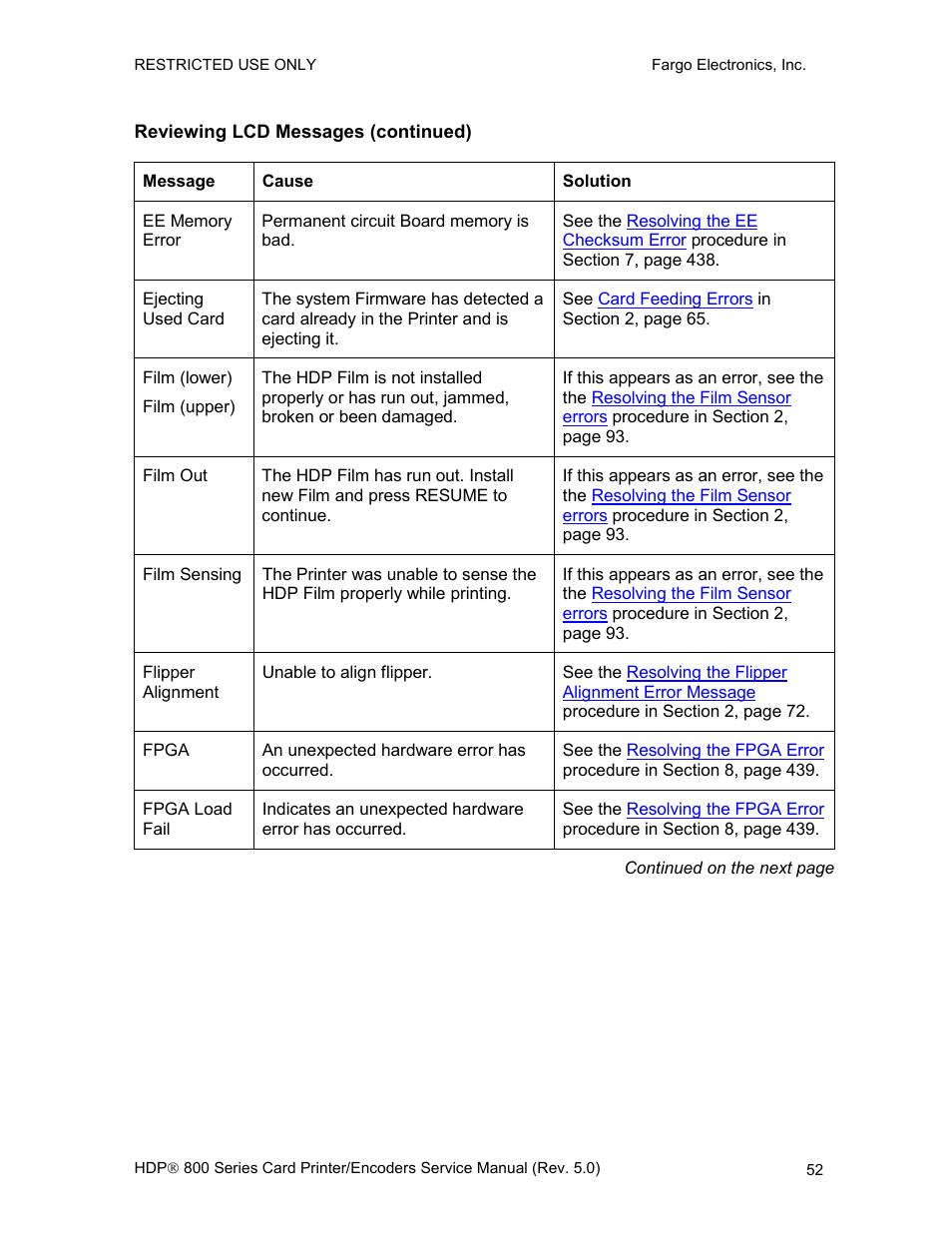 Reviewing lcd messages (continued) | FARGO electronic HDP820 User Manual | Page 66 / 370