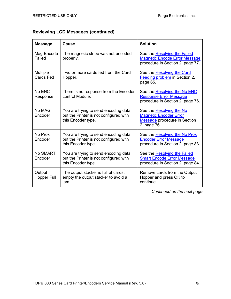 Reviewing lcd messages (continued) | FARGO electronic HDP820 User Manual | Page 68 / 370