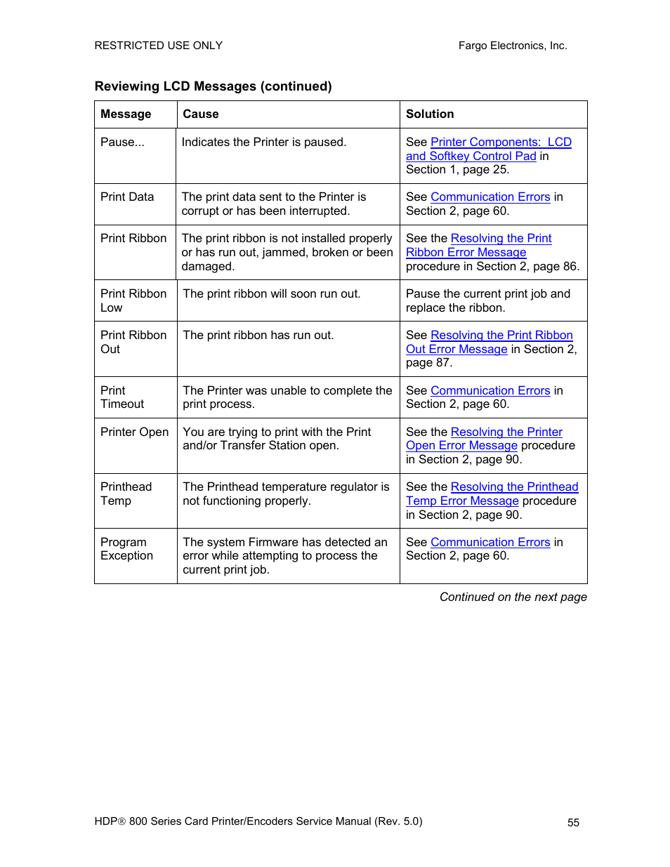 Reviewing lcd messages (continued) | FARGO electronic HDP820 User Manual | Page 69 / 370