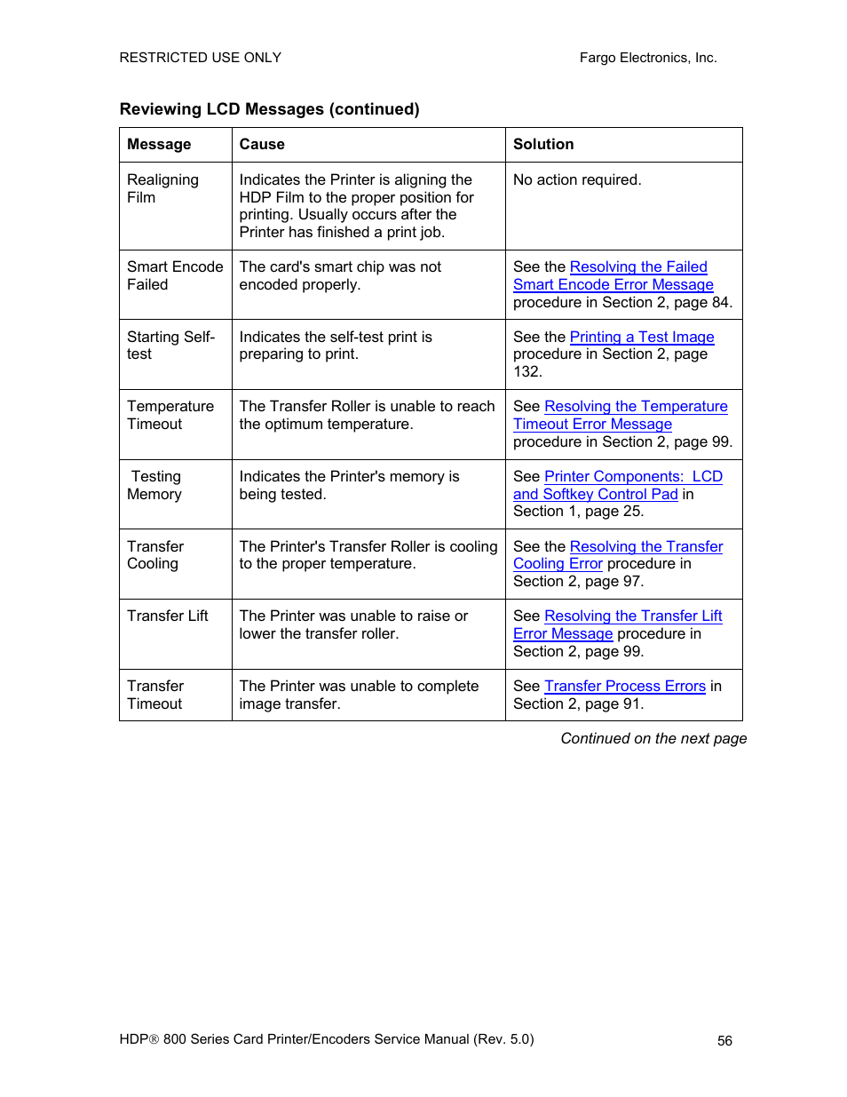 Reviewing lcd messages (continued) | FARGO electronic HDP820 User Manual | Page 70 / 370