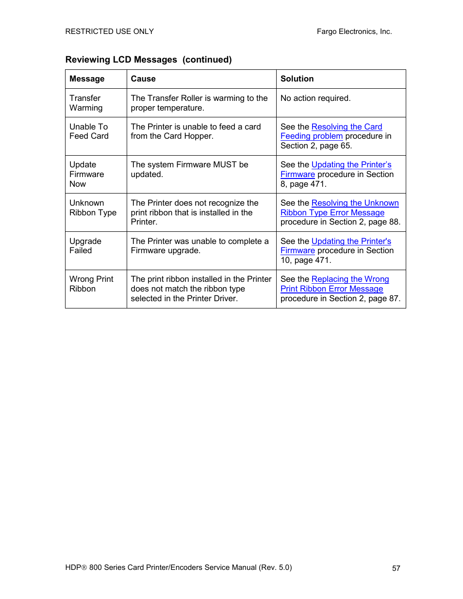 Reviewing lcd messages (continued) | FARGO electronic HDP820 User Manual | Page 71 / 370