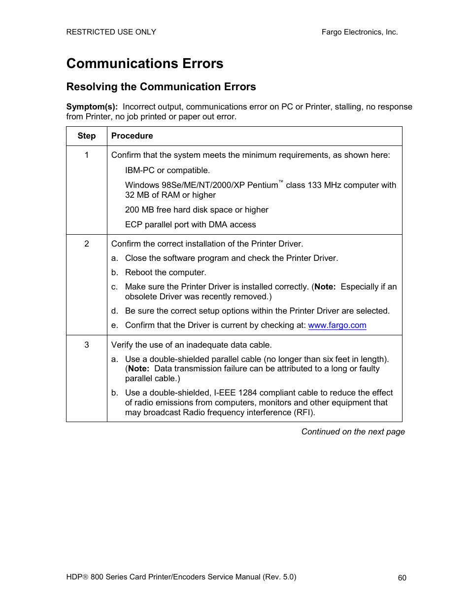 Communications errors, Resolving the communication errors, E 60 | FARGO electronic HDP820 User Manual | Page 74 / 370