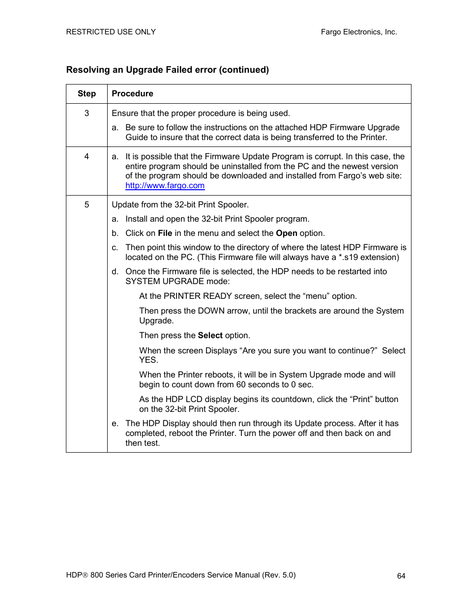 Resolving an upgrade failed error (continued) | FARGO electronic HDP820 User Manual | Page 78 / 370