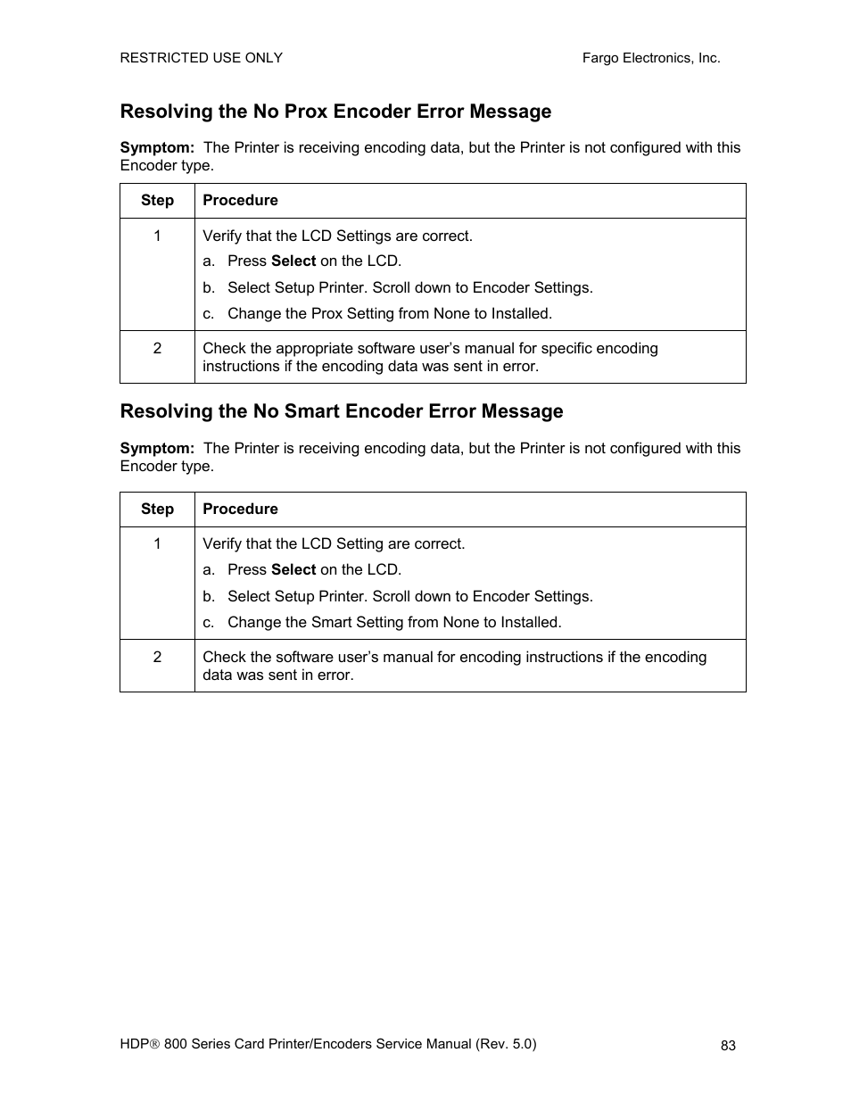 Resolving the no prox encoder error message, Resolving the no smart encoder error message | FARGO electronic HDP820 User Manual | Page 97 / 370