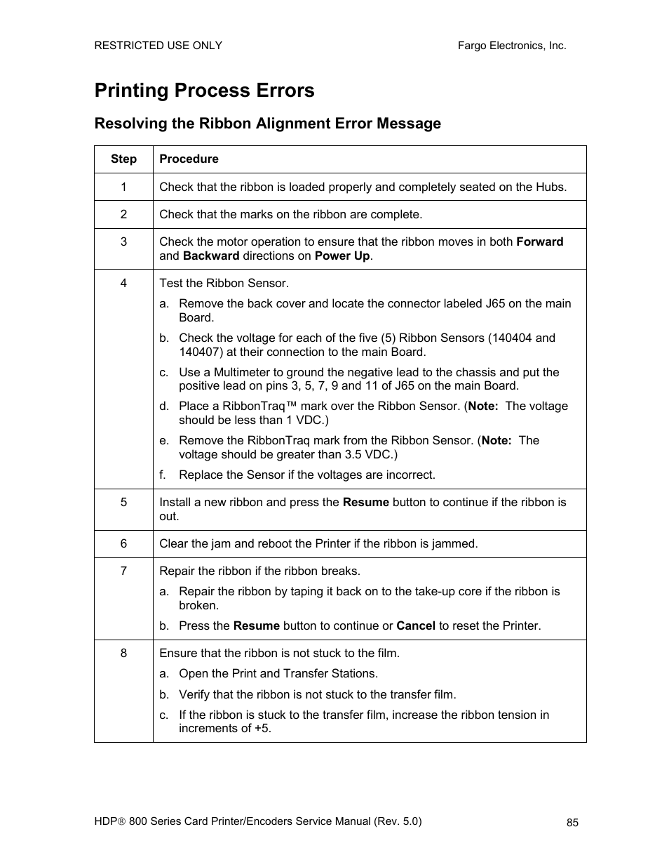 Printing process errors, Resolving the ribbon alignment error message | FARGO electronic HDP820 User Manual | Page 99 / 370