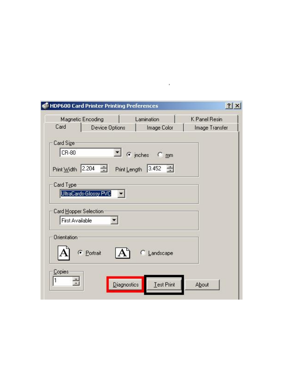 Selecting the diagnostics button -22, Selecting the test print button -22, Selecting the diagnostics button | Selecting the test print button | FARGO electronic HDP600 User Manual | Page 233 / 371