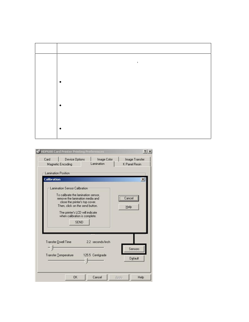 Selecting the sensors button and defaults button | FARGO electronic HDP600 User Manual | Page 283 / 371
