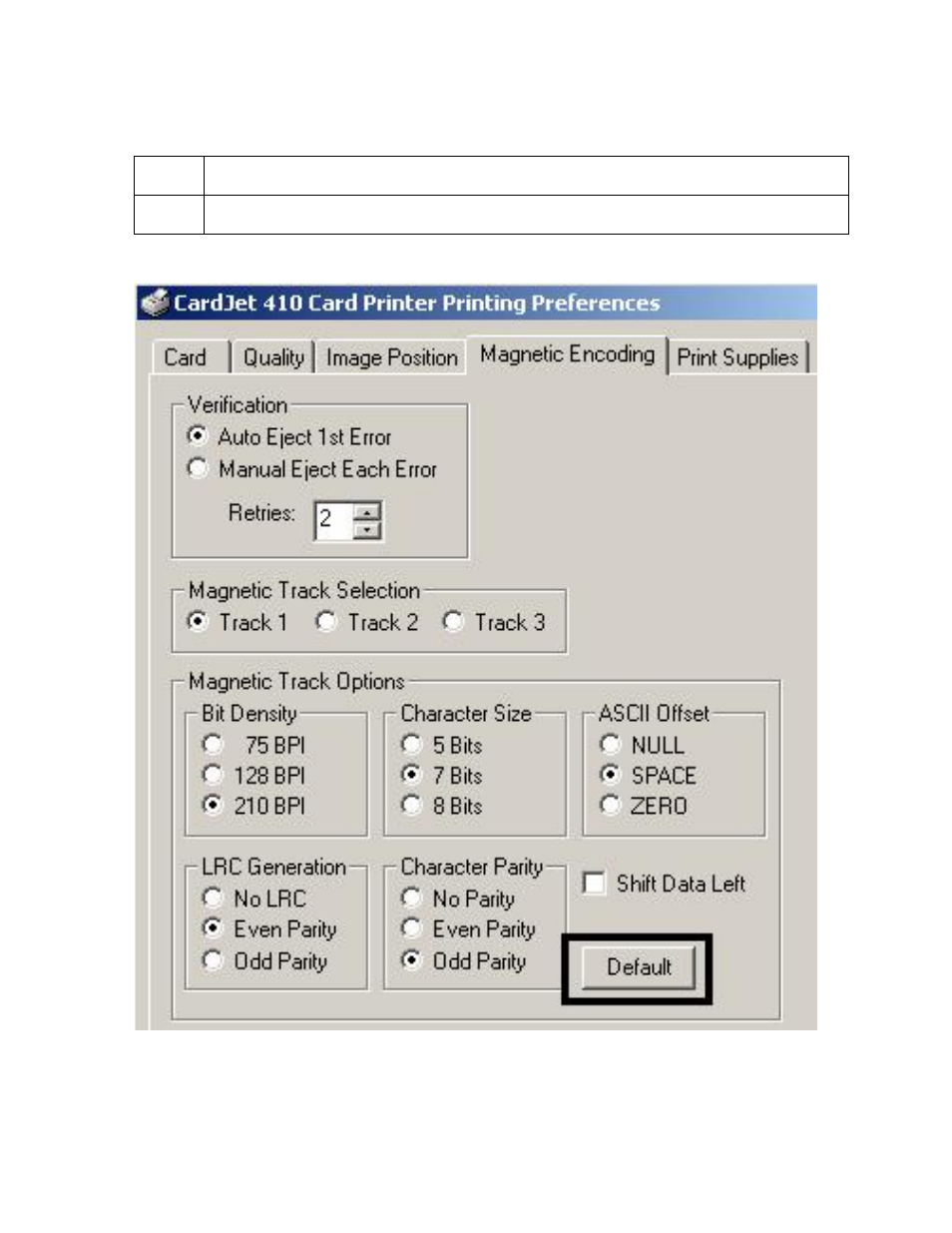 Using the default button under magnetic encoding | FARGO electronic L000286 User Manual | Page 158 / 215