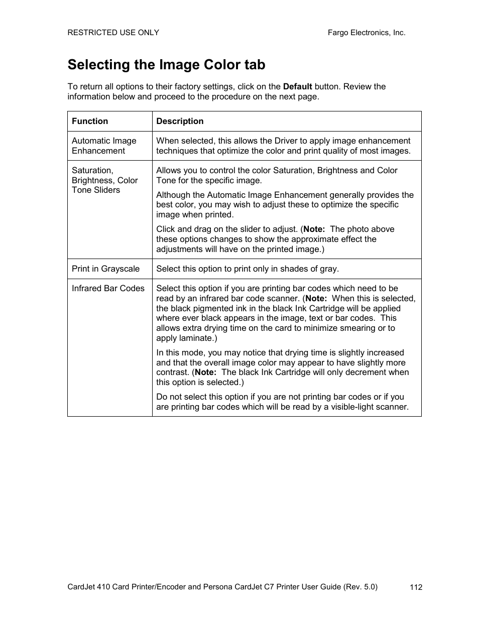 Selecting the image color tab, E 112 | FARGO electronic 410 User Manual | Page 112 / 184