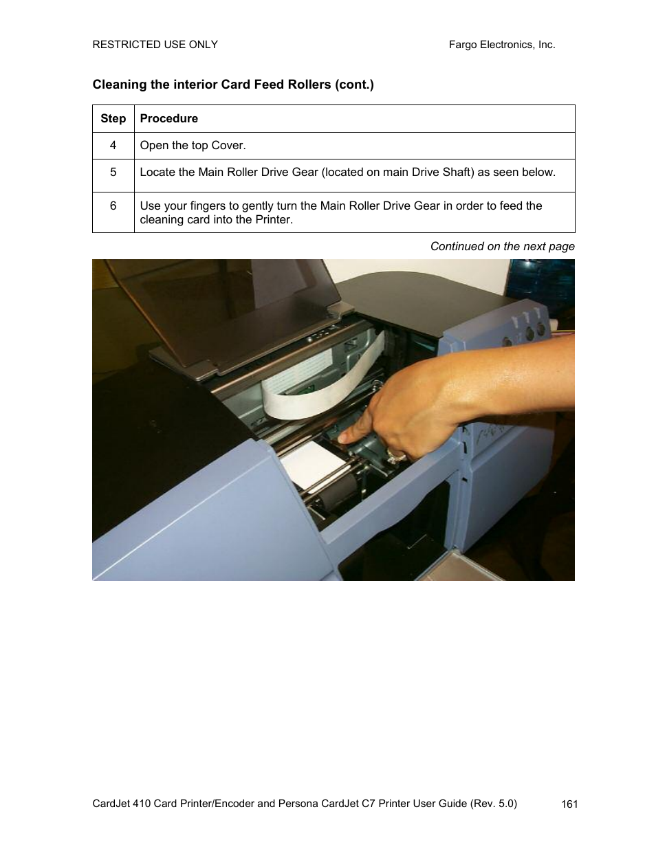 Cleaning the interior card feed rollers (cont.) | FARGO electronic 410 User Manual | Page 161 / 184