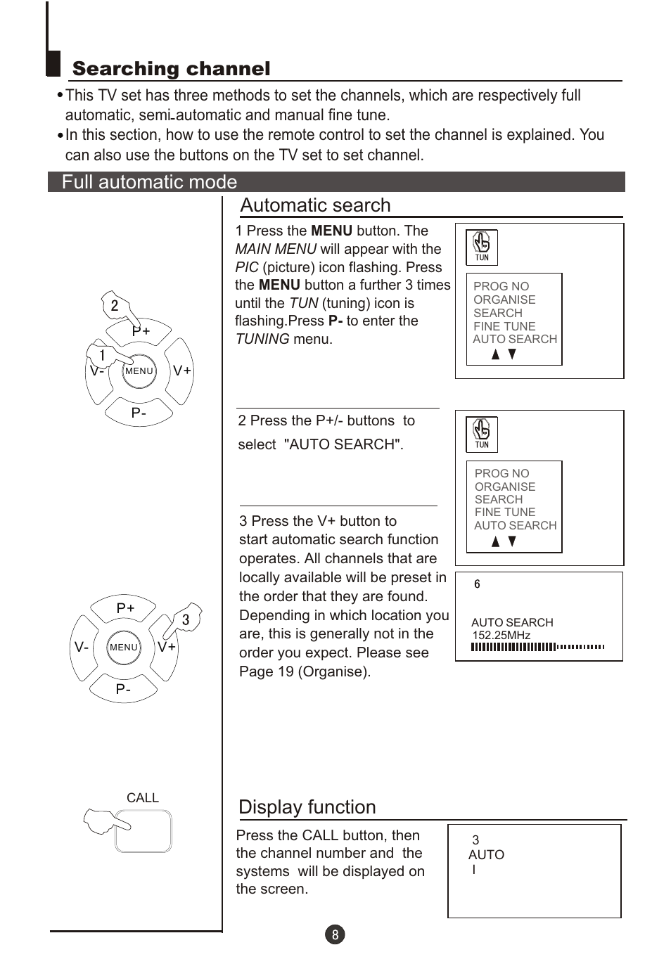 Т³гж 10, Searching channel, Full automatic mode automatic search | Display function | Fujita Cameras CGTV510651 User Manual | Page 10 / 36