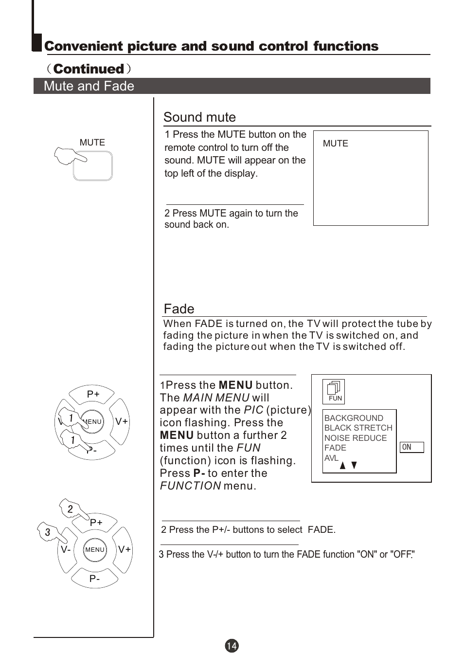 Т³гж 16, Sound mute, Mute and fade fade | Fujita Cameras CGTV510651 User Manual | Page 16 / 36