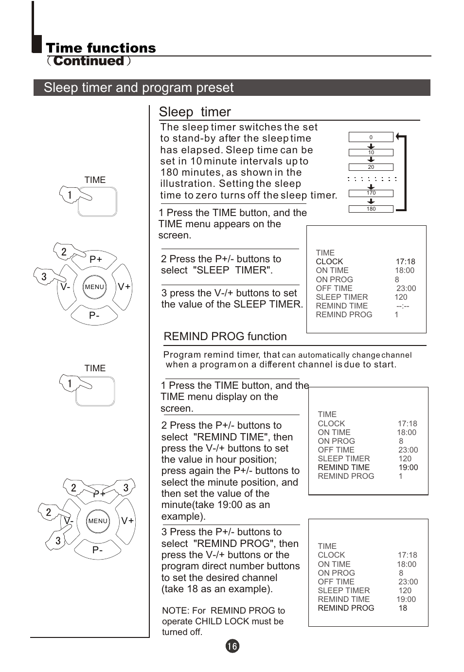 Т³гж 18, Sleep timer and program preset sleep timer, Time functions continued | Remind prog function | Fujita Cameras CGTV510651 User Manual | Page 18 / 36