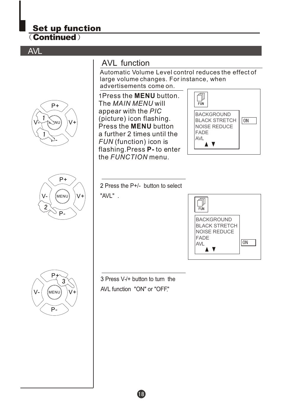 Т³гж 20, Avl set up function continued, Avl function | Fujita Cameras CGTV510651 User Manual | Page 20 / 36