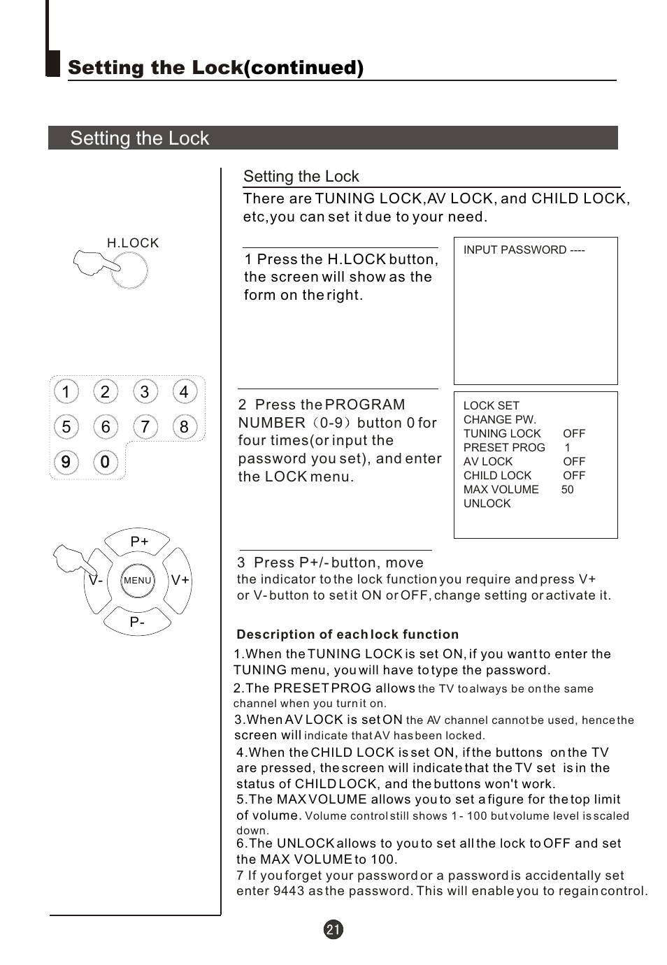 Т³гж 23, Setting the lock (continued) setting the lock | Fujita Cameras CGTV510651 User Manual | Page 23 / 36