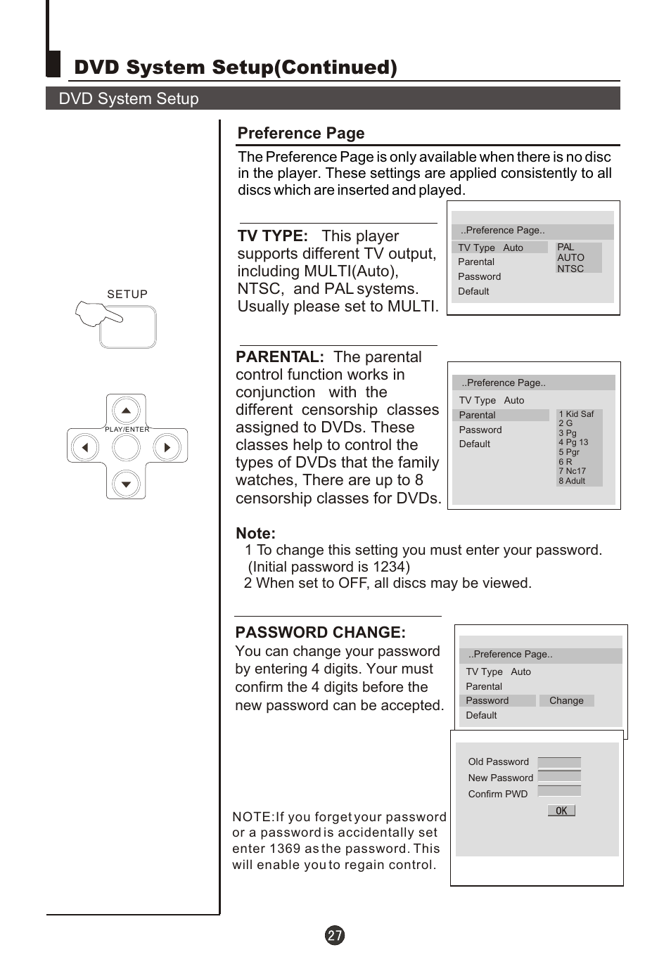 Т³гж 29, Dvd system setup(continued), Dvd system setup preference page | Password change | Fujita Cameras CGTV510651 User Manual | Page 29 / 36