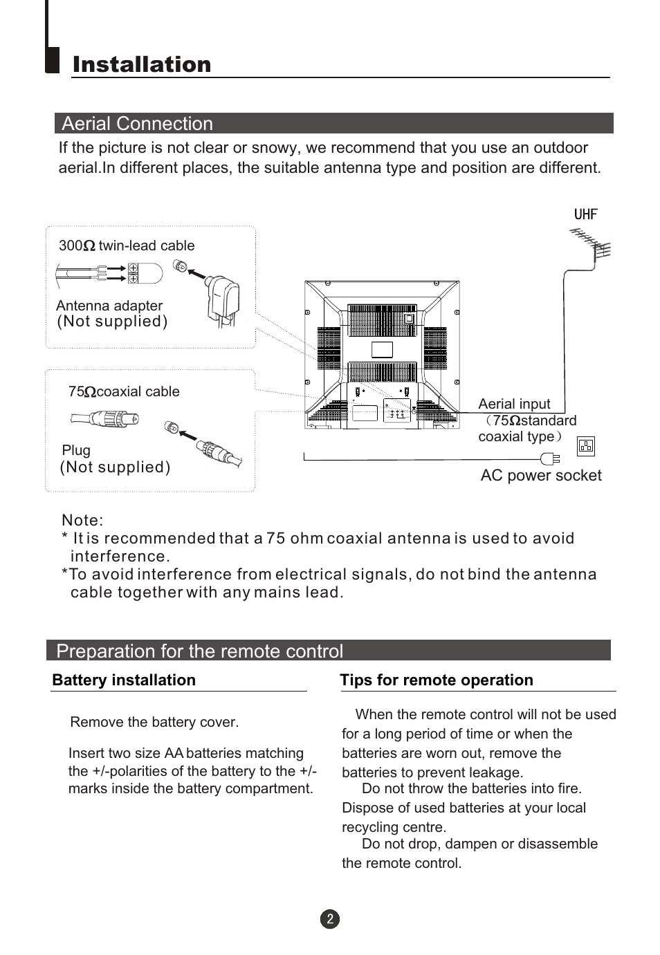 Т³гж 4, Installation, Aerial connection | Preparation for the remote control, Battery installation tips for remote operation, Ac power socket | Fujita Cameras CGTV510651 User Manual | Page 4 / 36