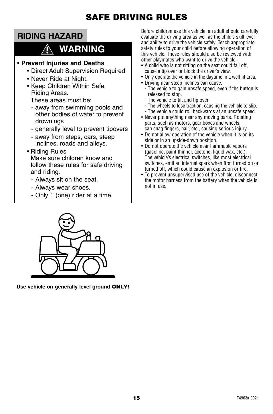 Warning, Riding hazard, Safe driving rules | Fisher-Price POWER WHEELS T4963 User Manual | Page 15 / 20