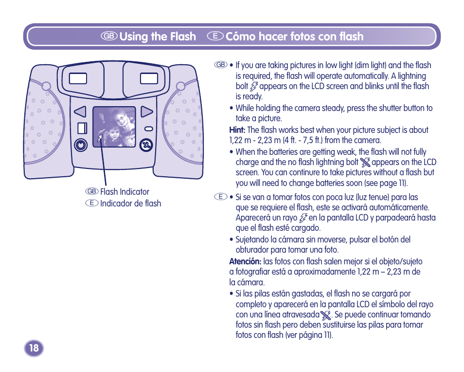 Gusing the flash, Ecómo hacer fotos con flash | Fisher-Price Camera User Manual | Page 18 / 32