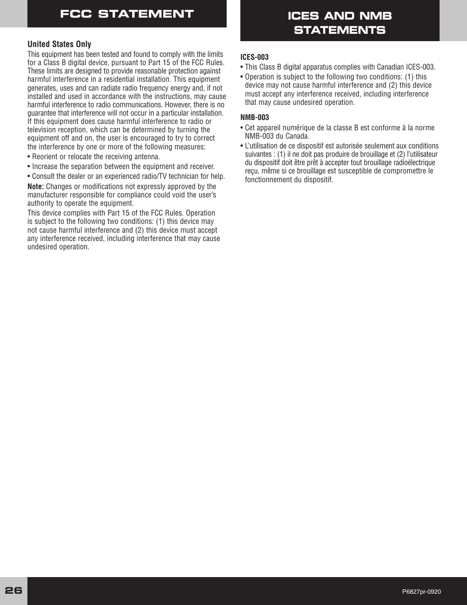 Fcc statement ices and nmb statements | Fisher-Price MUSTANG P6827 User Manual | Page 26 / 28