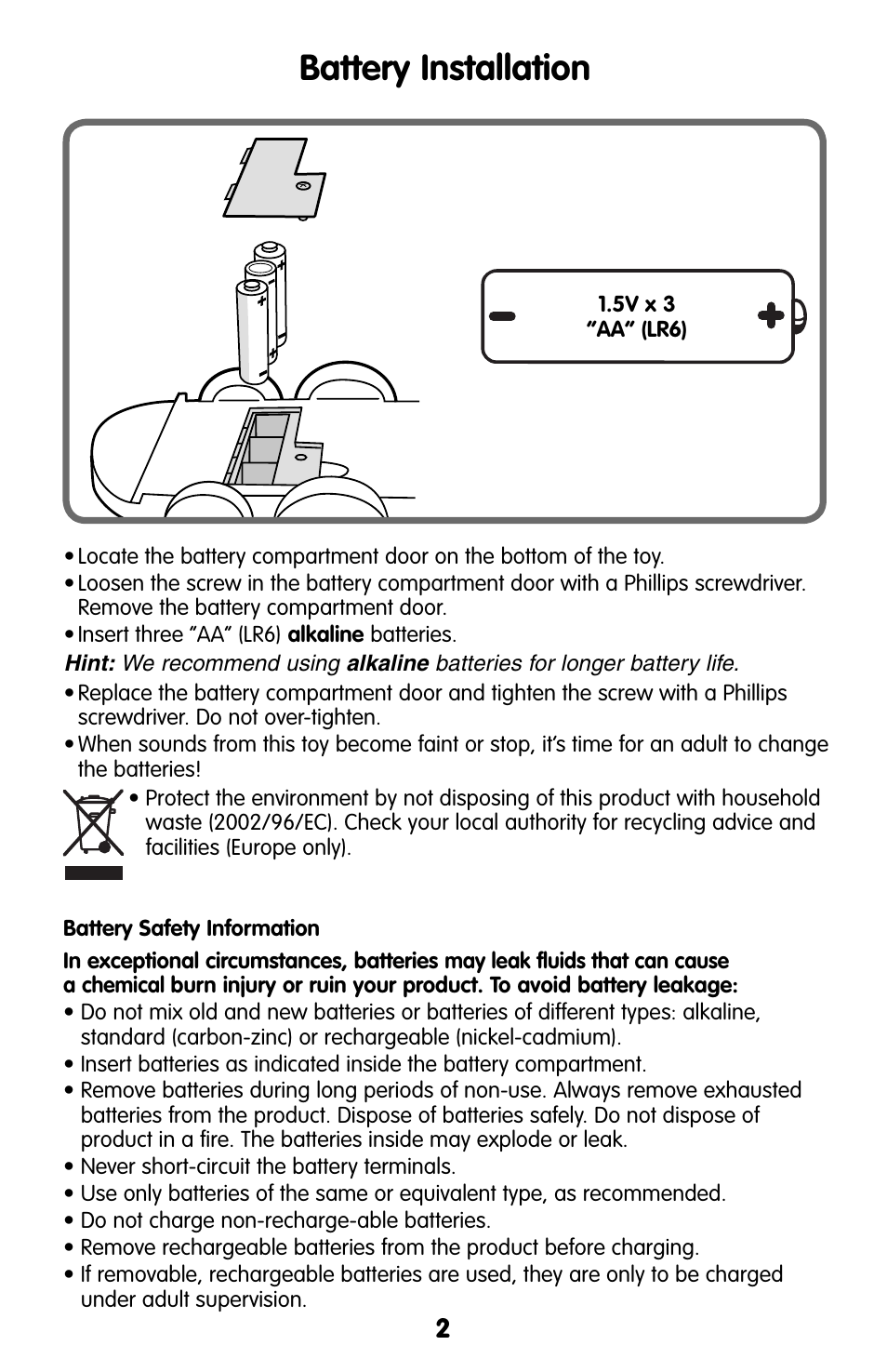 Battery installation | Fisher-Price L4758 User Manual | Page 2 / 4