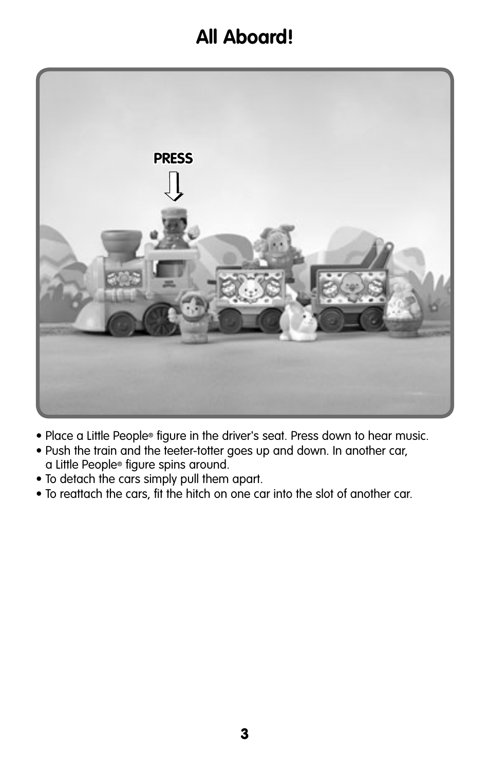 All aboard, 3press press | Fisher-Price L4758 User Manual | Page 3 / 4