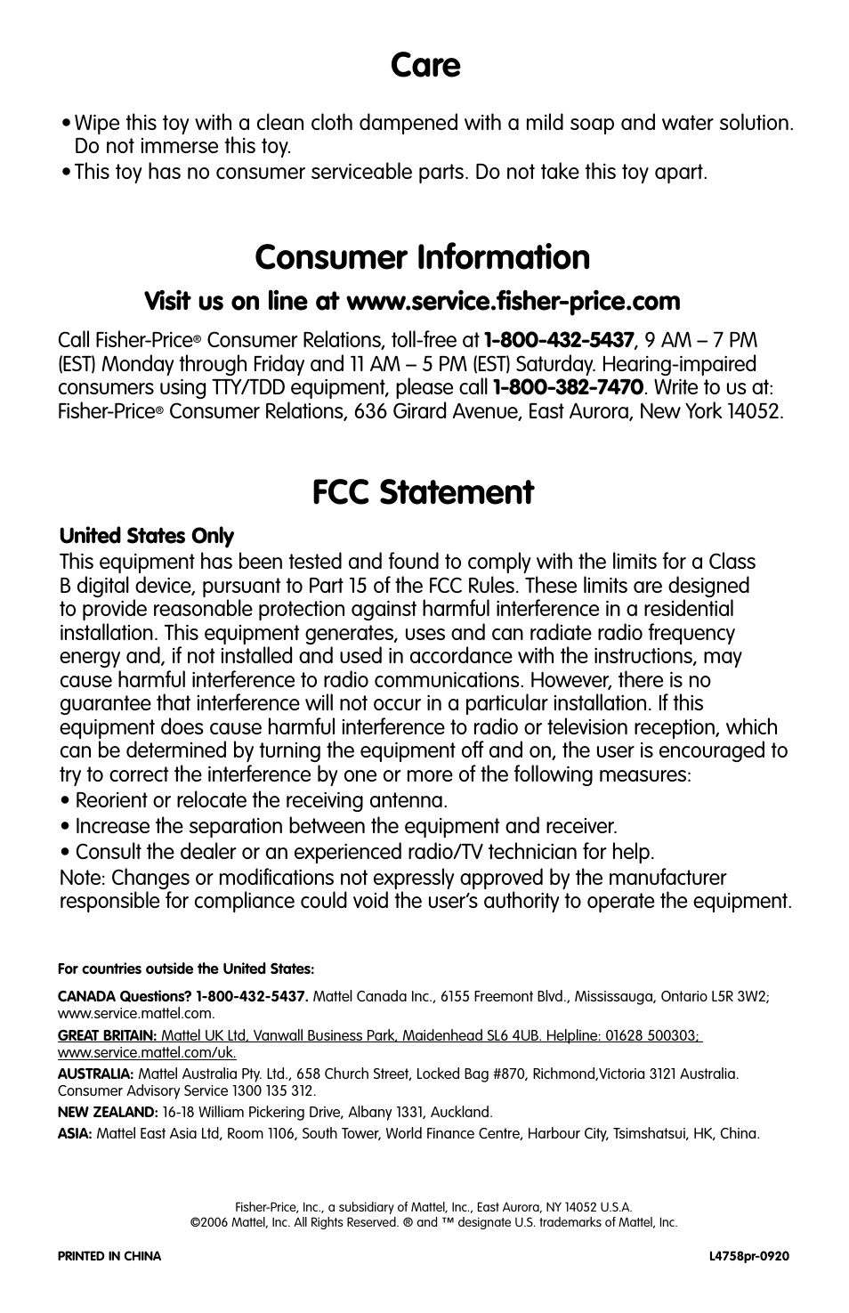 Care consumer information fcc statement | Fisher-Price L4758 User Manual | Page 4 / 4