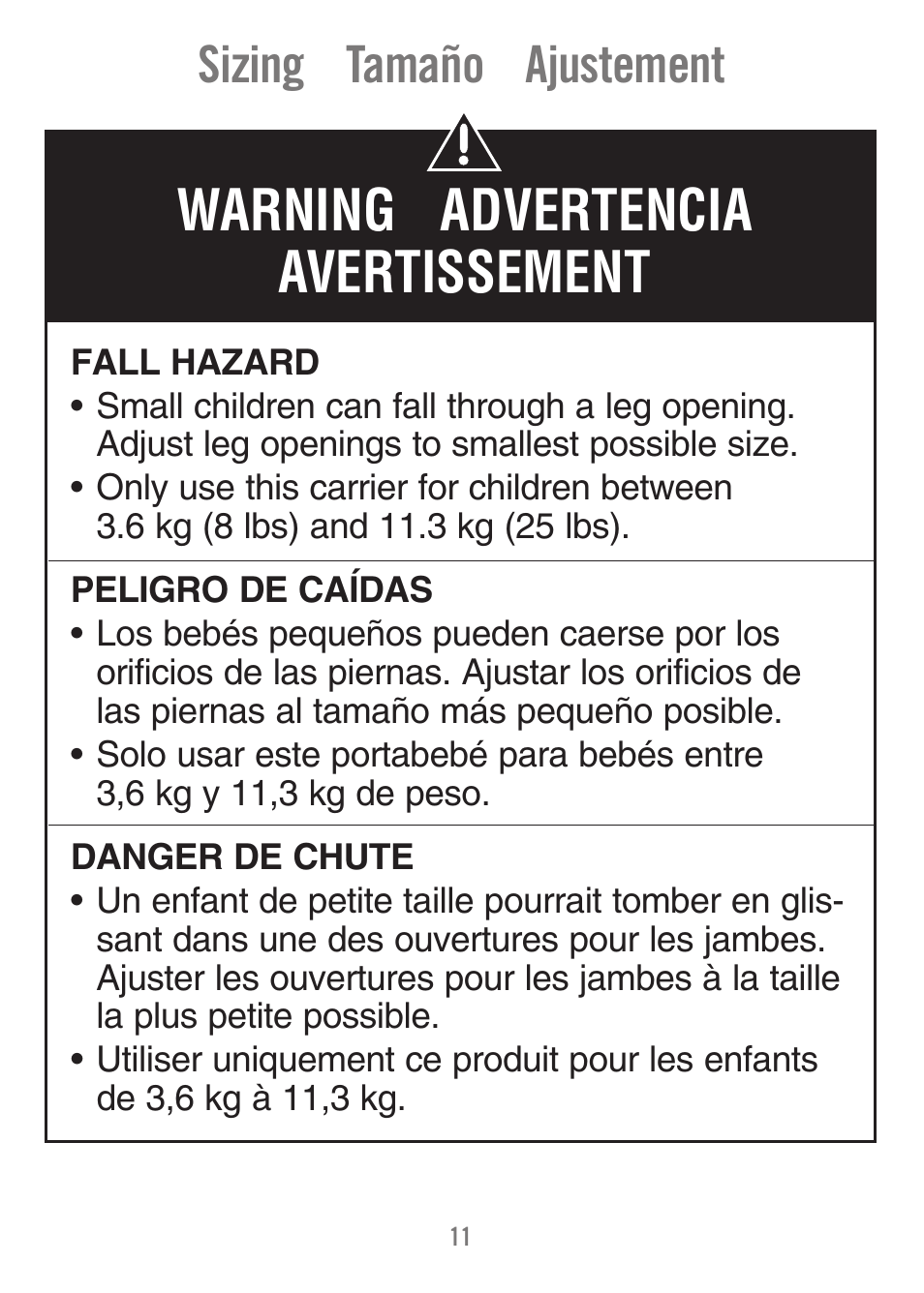 Warning advertencia avertissement, Sizing tamaño ajustement | Fisher-Price FALL HAZARD M1351 User Manual | Page 11 / 40