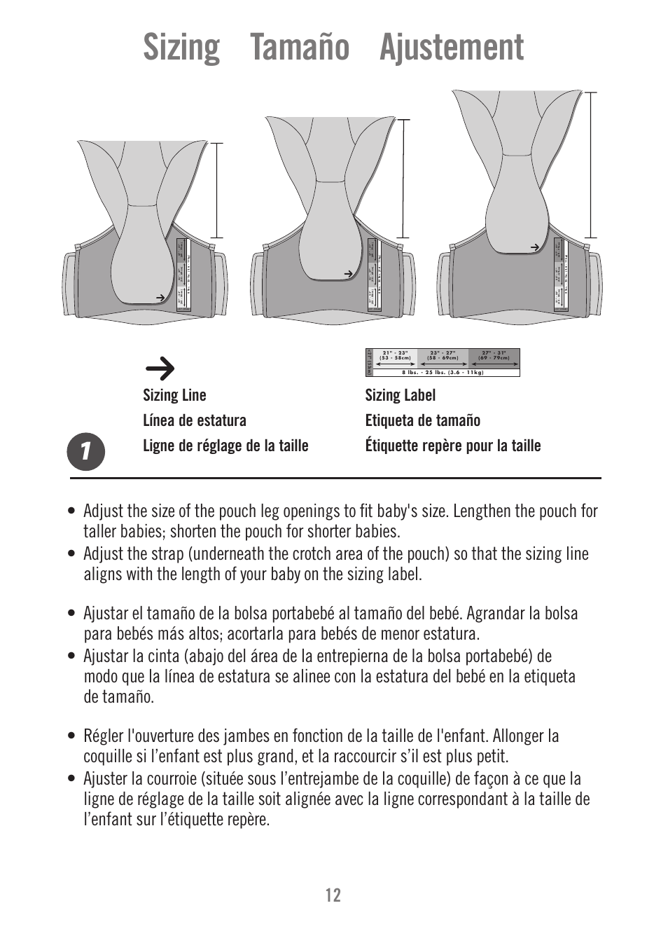 Sizing tamaño ajustement | Fisher-Price FALL HAZARD M1351 User Manual | Page 12 / 40