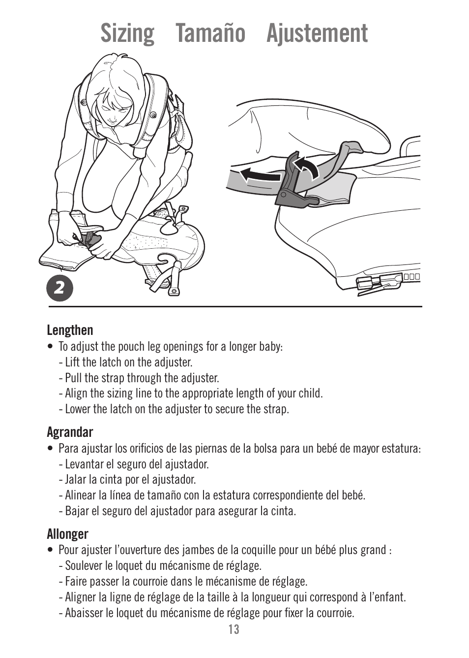 Sizing tamaño ajustement | Fisher-Price FALL HAZARD M1351 User Manual | Page 13 / 40