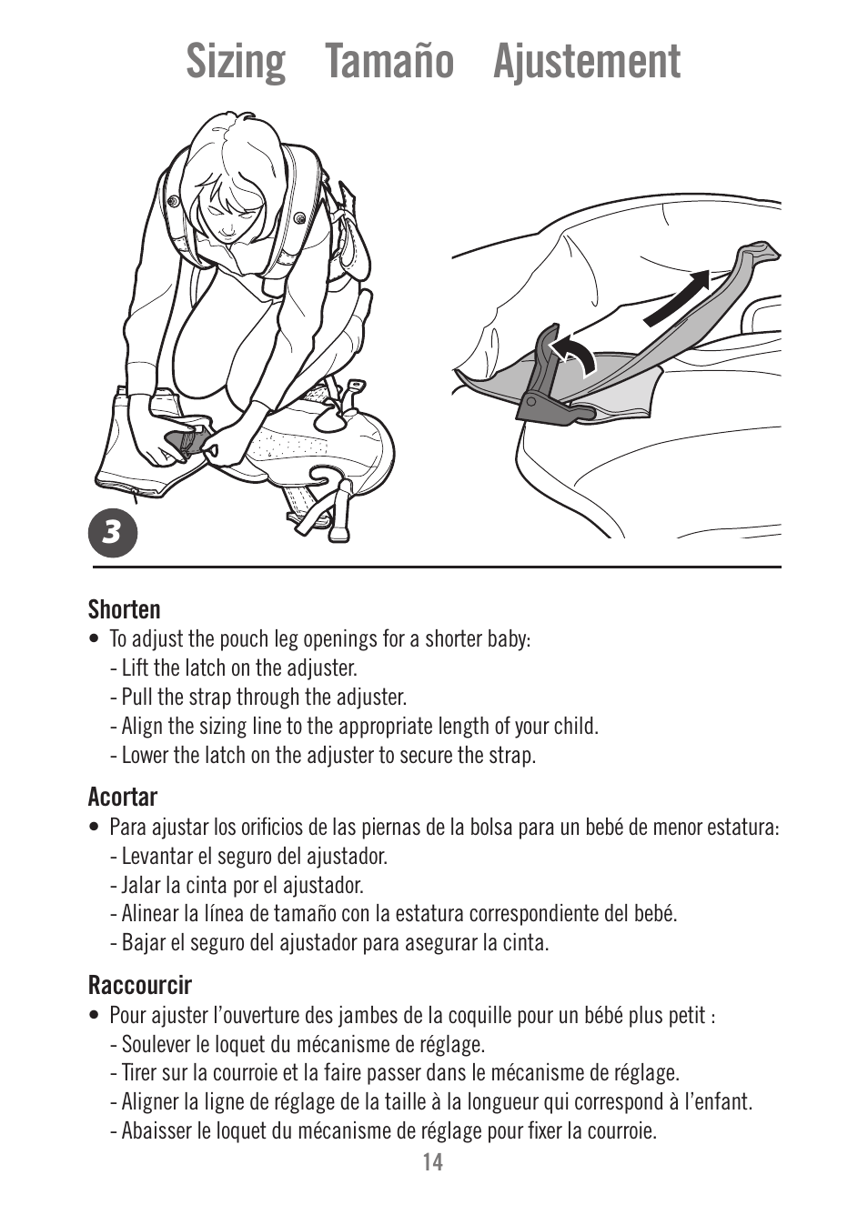 Sizing tamaño ajustement | Fisher-Price FALL HAZARD M1351 User Manual | Page 14 / 40