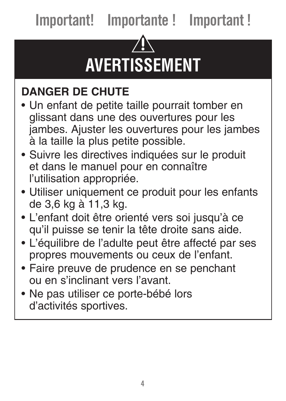 Avertissement, Important! importante ! important | Fisher-Price FALL HAZARD M1351 User Manual | Page 4 / 40