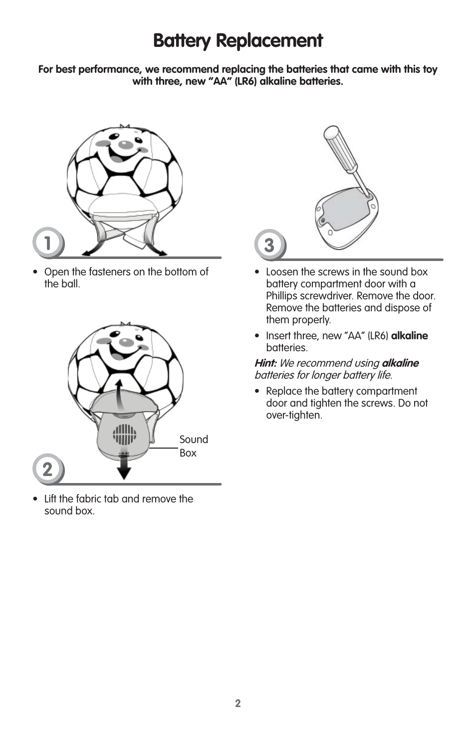 Battery replacement 1 3 | Fisher-Price V2760 User Manual | Page 2 / 6
