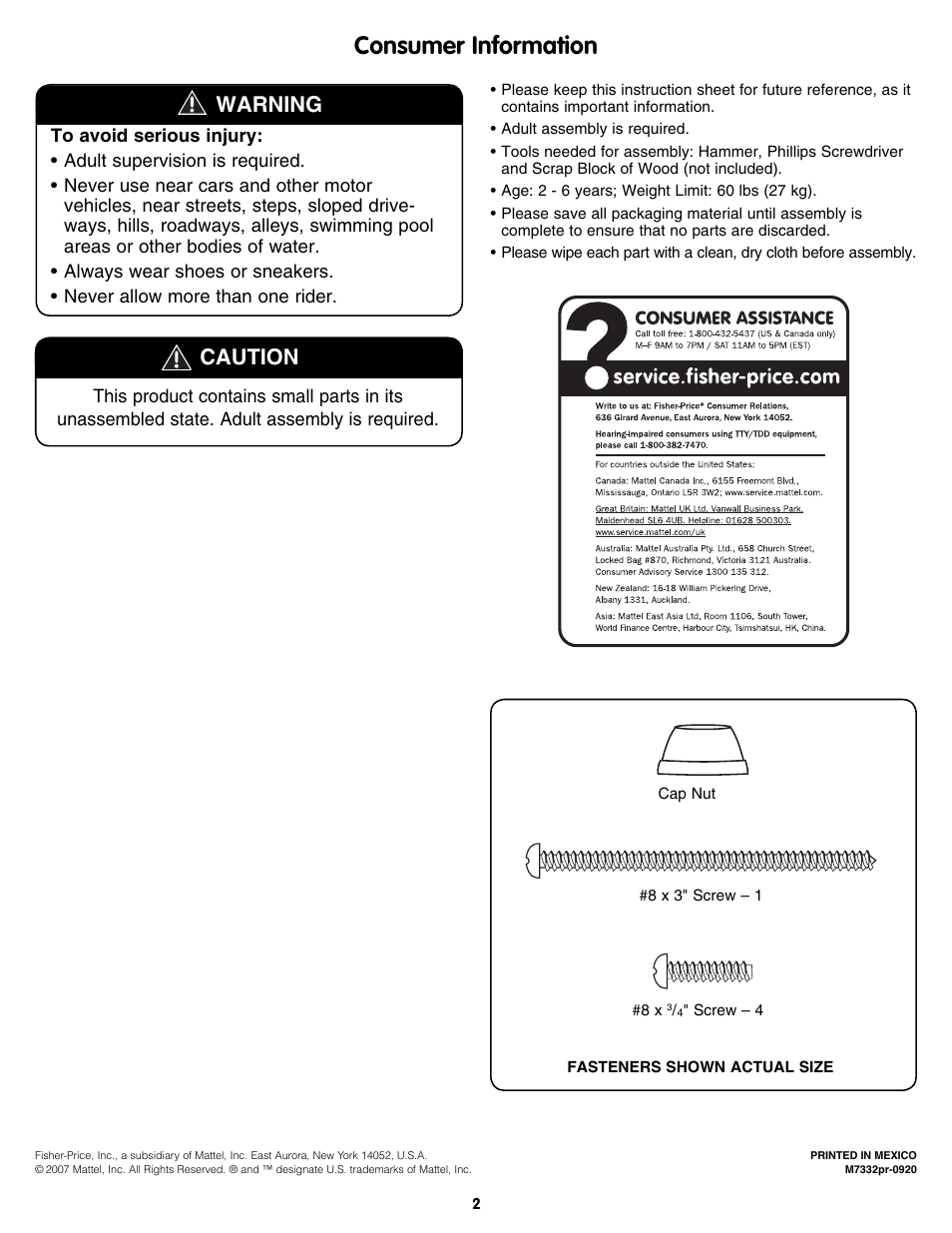 Consumer information, Warning, Caution | Fisher-Price M7332 User Manual | Page 2 / 8