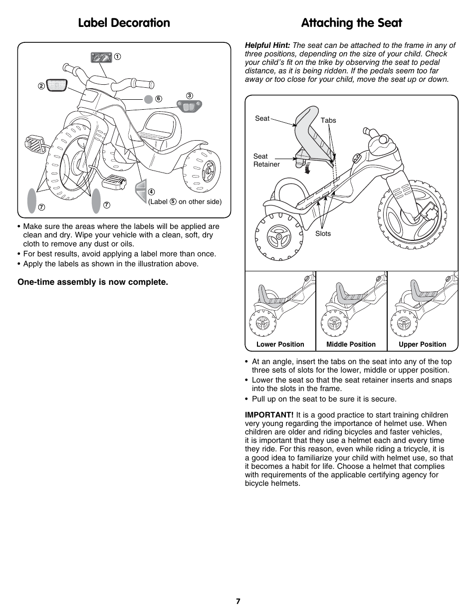 Attaching the seat, Label decoration | Fisher-Price M7332 User Manual | Page 7 / 8