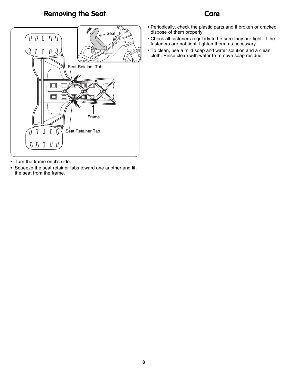 Care removing the seat | Fisher-Price M7332 User Manual | Page 8 / 8