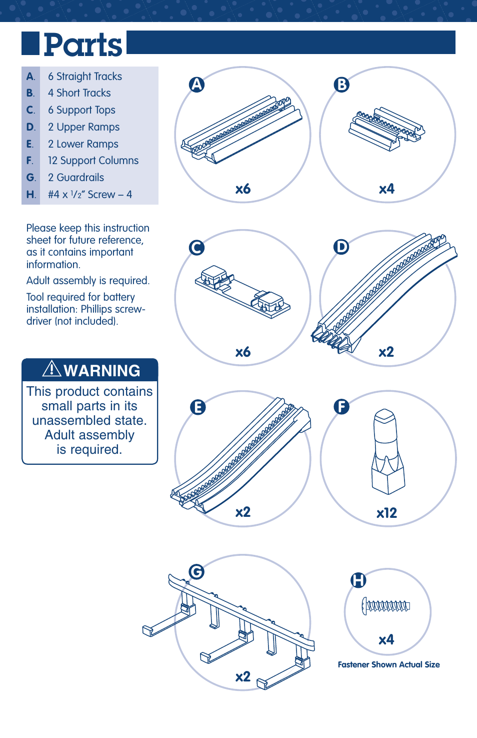 Parts, Ab d f h, Warning c | Fisher-Price GEOTRAX L9182 User Manual | Page 4 / 5