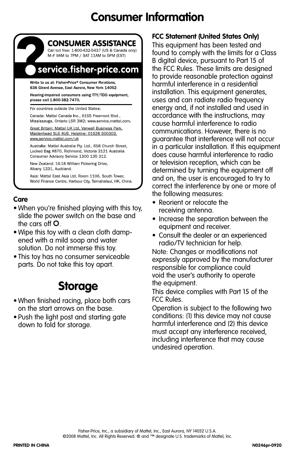 Consumer information, Storage | Fisher-Price N0246 User Manual | Page 6 / 6