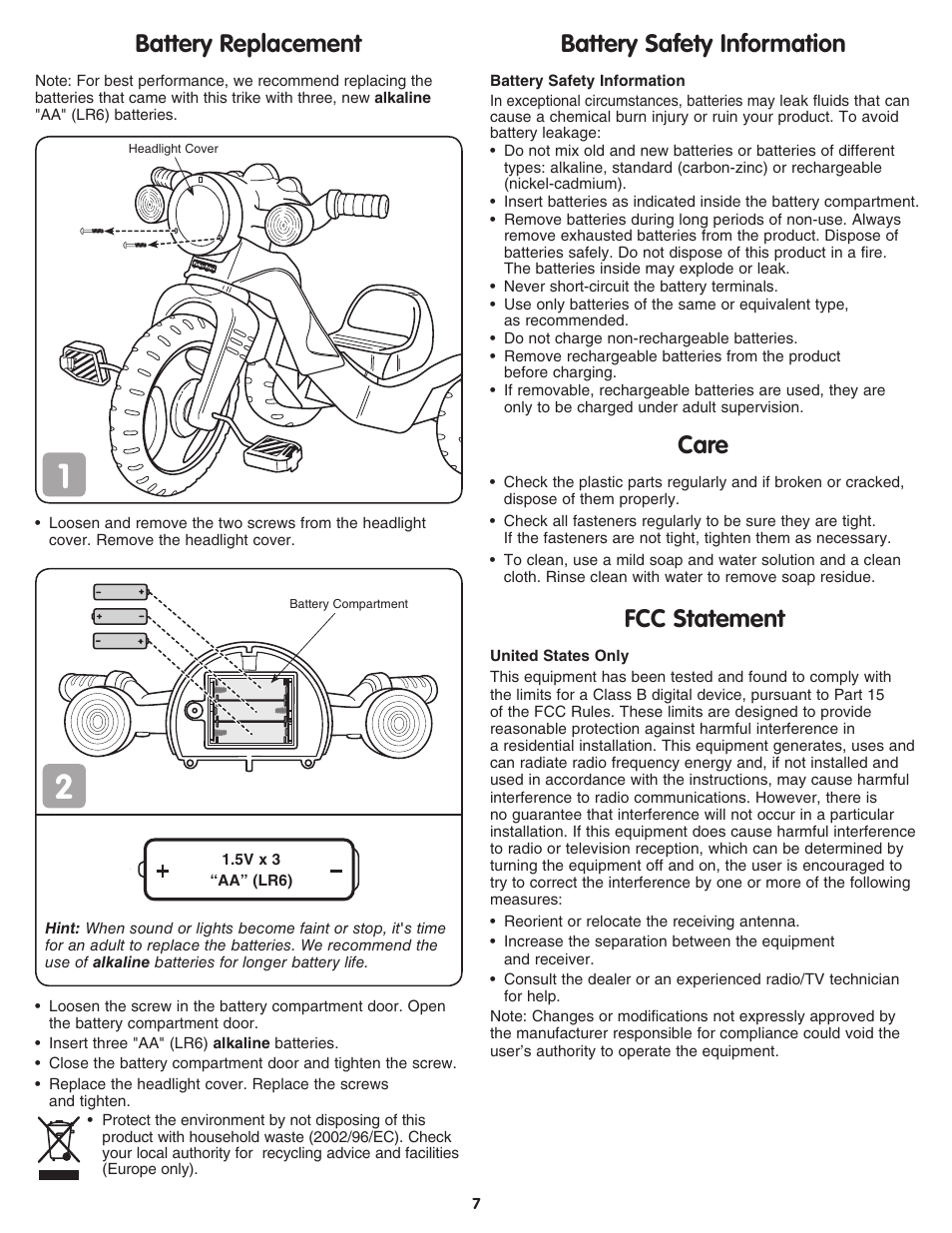 Care, Fcc statement, Battery replacement battery safety information | Fisher-Price DC*SUPER FRIENDS M6784 User Manual | Page 7 / 8