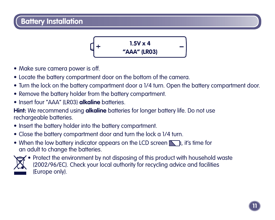 Battery installation | Fisher-Price Digital Camera User Manual | Page 11 / 24